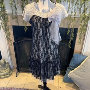 Anthropologie Ryu Women's L gray sparkle w black lace overlay short sleeve dress